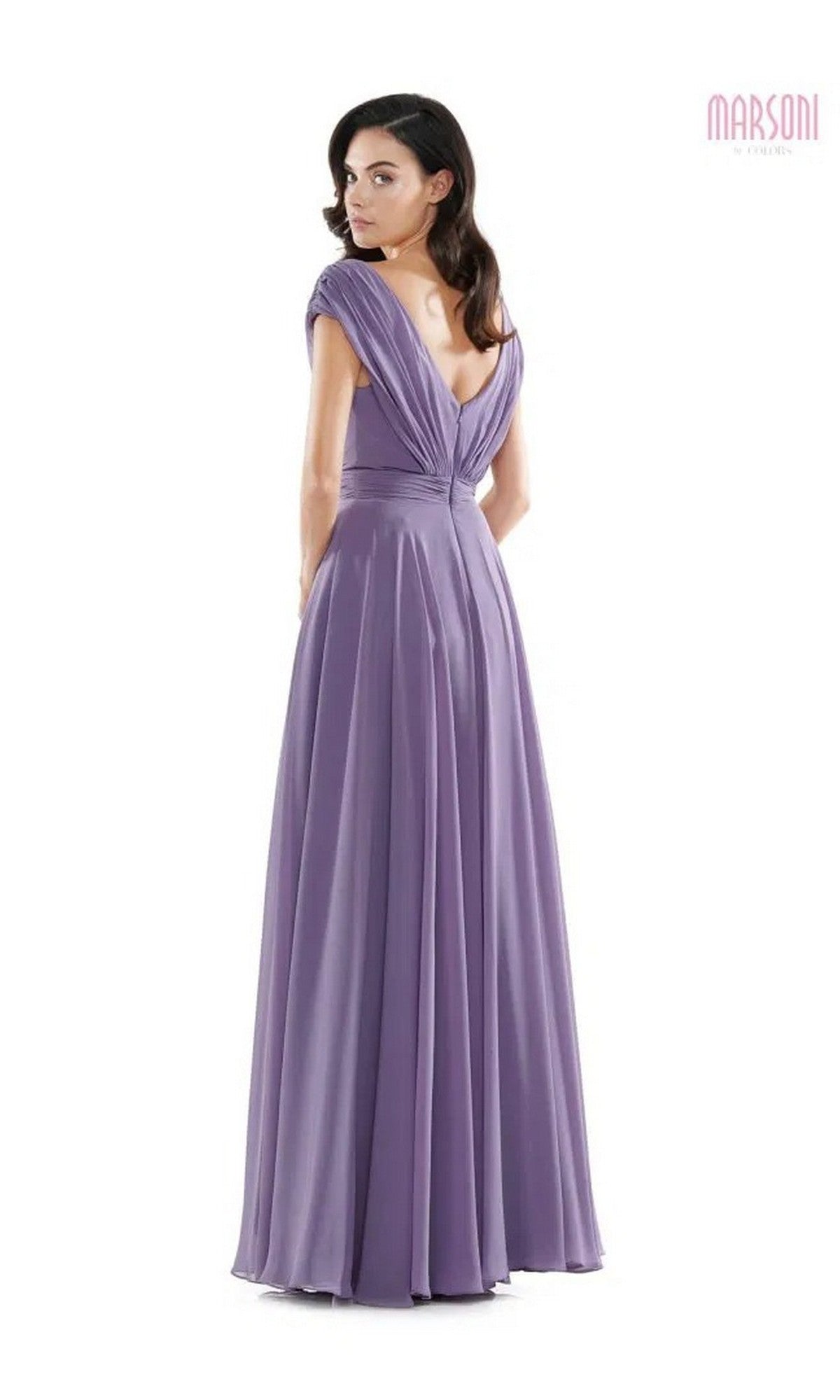 A woman models the Marsoni M251, a floor-length sleeveless lavender chiffon formal gown with a deep V-back, standing against a plain white background.